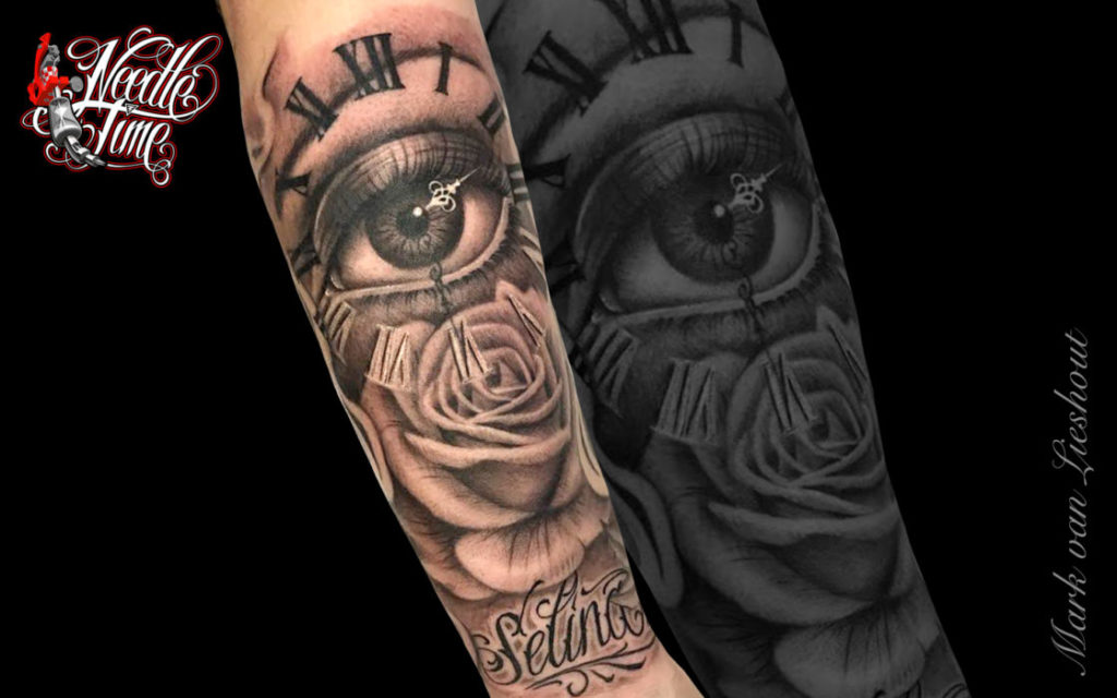 Clock eye with rose for selina Needle Time Tattoo Studio Eersel